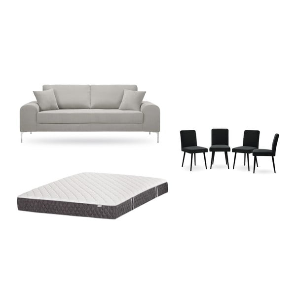 Комплект от триместен светлосив диван, 4 черни стола и матрак 160 x 200 cm - Home Essentials