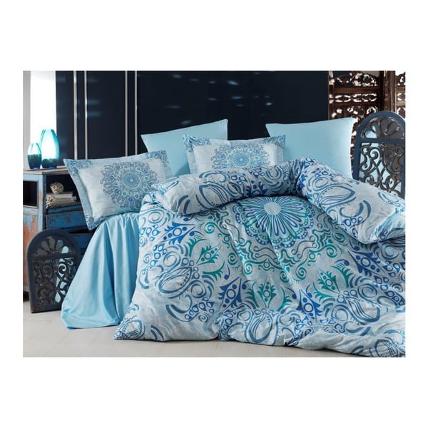 Тюркоазено спално бельо от памучен сатен с чаршаф за двойно легло Monte Carlo, 160 x 220 cm - Unknown