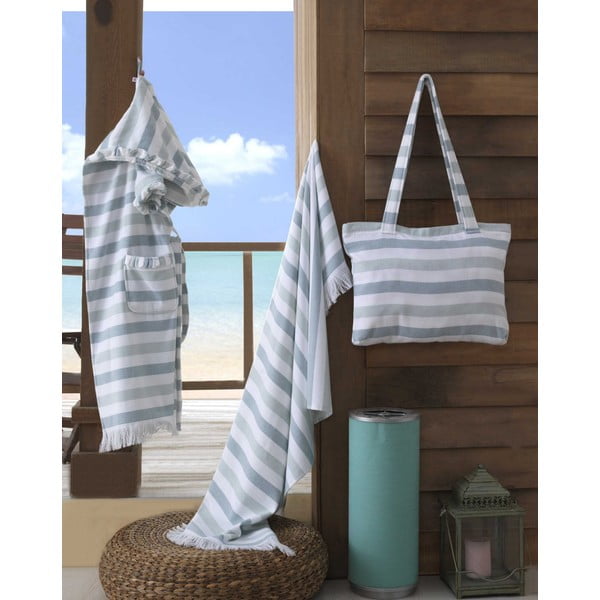 Зелено-бяла памучна плажна кърпа , 70 x 140 cm Stripe - Hobby