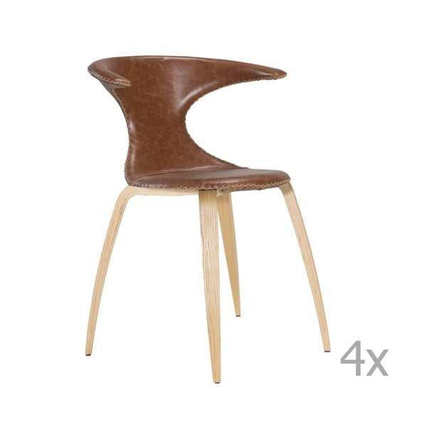 Sada 4 hnědých kožených jídelních židlí s přírodním podnožím DAN– FORM Flair