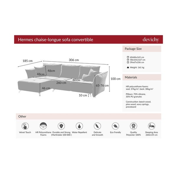Тъмнорозов кадифен диван Devichy ъглов диван, ляв ъгъл Hermes - devichy-image-4