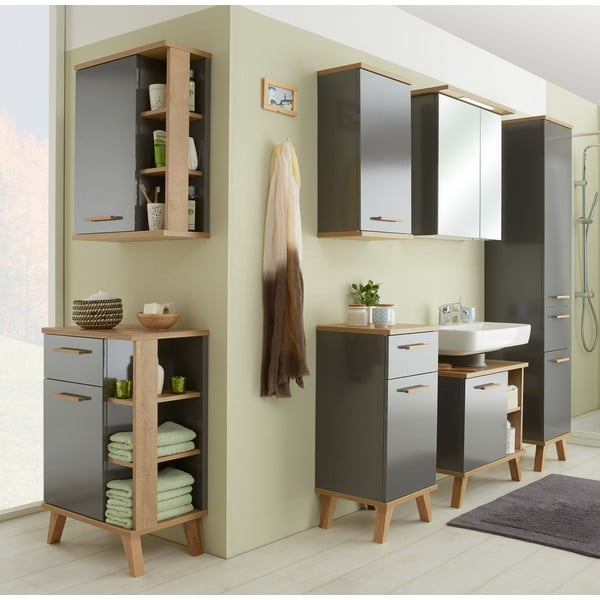 Сив нисък шкаф за баня от декор от дъб  35,5x89,5 cm Quickset 924 – Pelipal-image-2