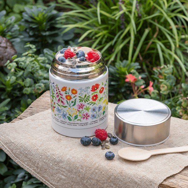 Детски термос за храна в кремав и сребрист цвят 450 ml Wild Flowers – Rex London-image-1