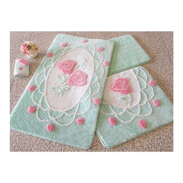 Комплект от три зелени килимчета за баня с мотив на рози Knit Knot Dantel - Foutastic