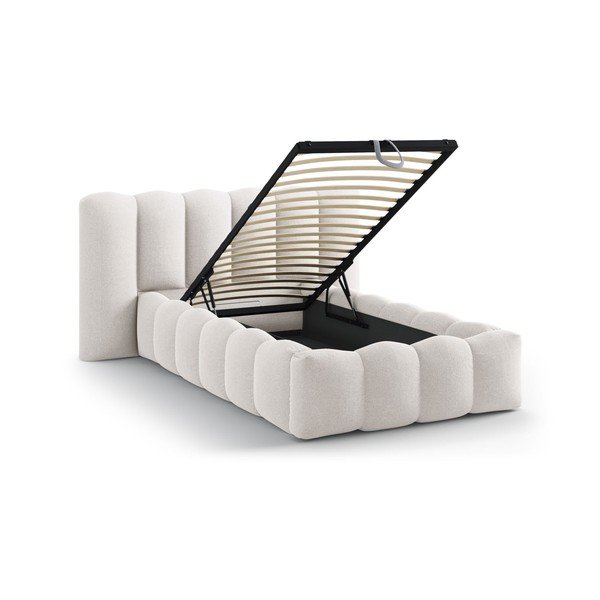 Кремаво единично легло 90x200 cm тапицирано с място за съхранение с включена подматрачна рамка Lupine – Micadoni -image-1