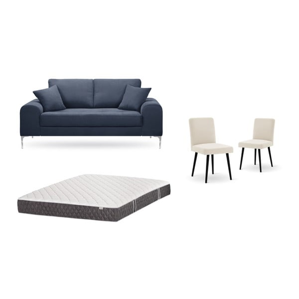 Комплект от двуместен тъмносин диван, 2 кремави стола и матрак 140 x 200 cm - Home Essentials