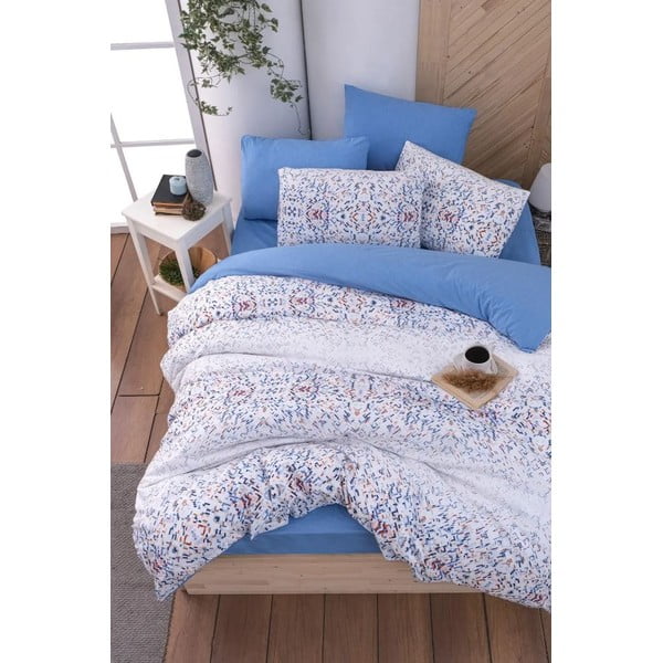 Бяло и синьо удължено спално бельо за двойно легло от четири части с чаршаф 200x220 cm Geometric - Mila Home