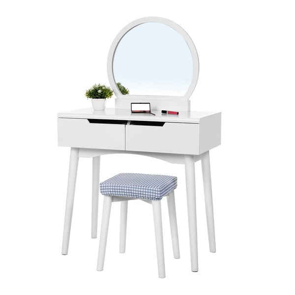 Бяла дървена тоалетка с огледало, табуретка и две чекмеджета - Songmics