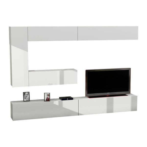Комплект от бял шкаф за телевизор и стенен рафт Gizmo - Furny Home