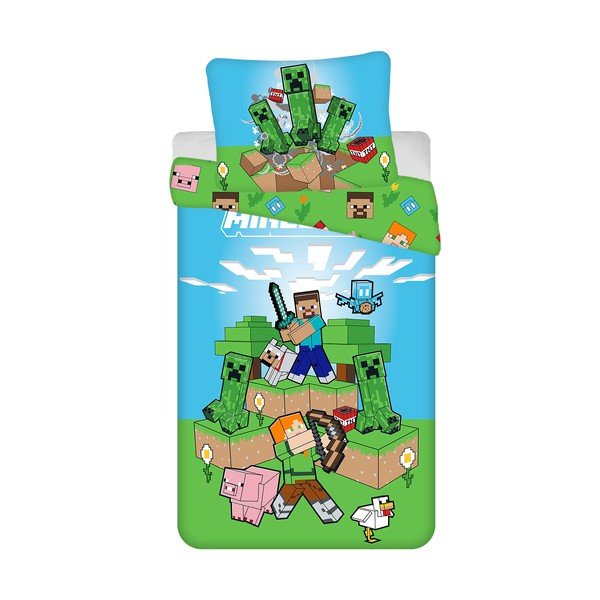 Зелено-синьо  единично  памучно детско спално бельо 140x200 cm Minecraft "Outdoor Mobs" – Jerry Fabrics