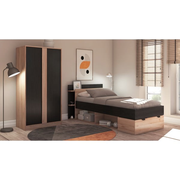Черно-естествено единично легло 90x200 cm от декор от дъб  с място за съхранение без ламелно дъно Albo – Marckeric-image-1