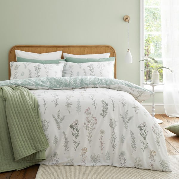 Зелено и бяло памучно спално бельо за единично легло 135x200 cm Wild Flowers - Bianca