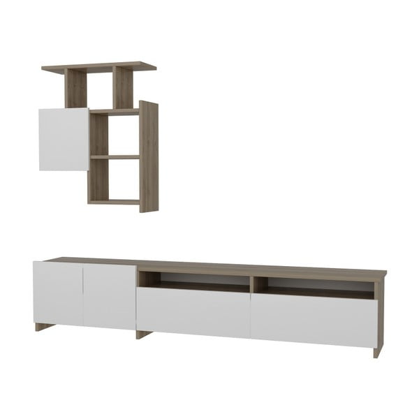 Комплект маса за телевизор и стенен рафт Gardo Mariposa в бяло с детайли от орех - Wooden Art