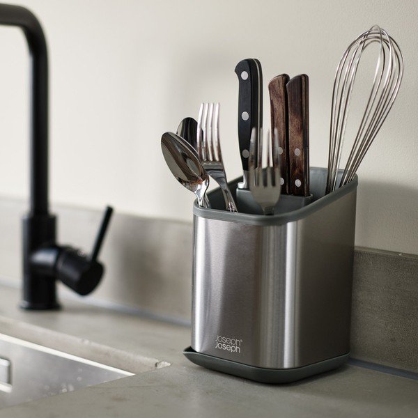 Тавичка за оттичане за прибори от неръждаема стомана в блестящо сребрист цвят 11x11,5 cm Duo Steel – Joseph Joseph-image-1