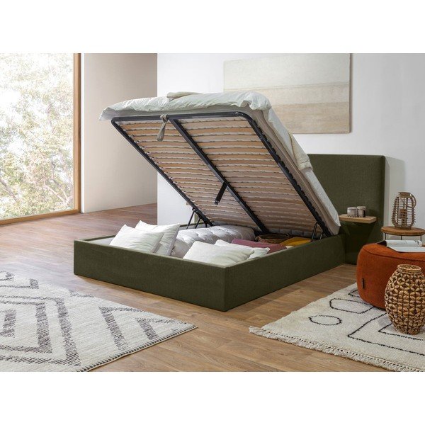 Тъмнозелено тапицирано двойно легло с място за съхранение с решетка 160x200 cm Blandine - Bobochic Paris-image-3