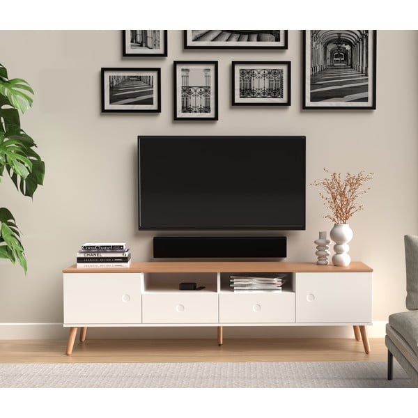 Бяла маса за телевизор с дъбови крака, широчина 192 cm Dot - Tenzo-image-1