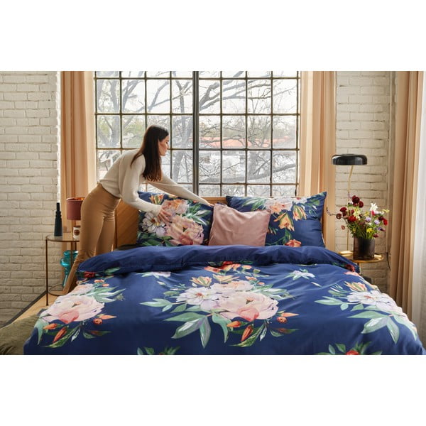 Морско синьо памучно спално бельо от сатен за двойно легло 200 x 200 cm Floret - Bonami Selection-image-4