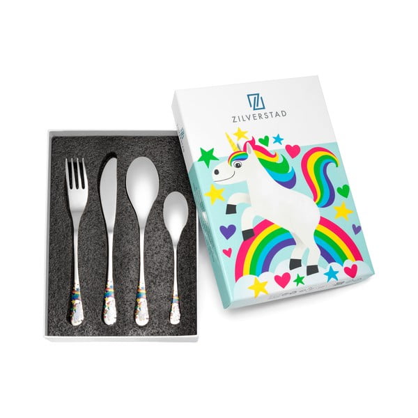 Детски прибори за хранене от неръждаема стомана в сребристо 4 бр. Unicorn – Zilverstad