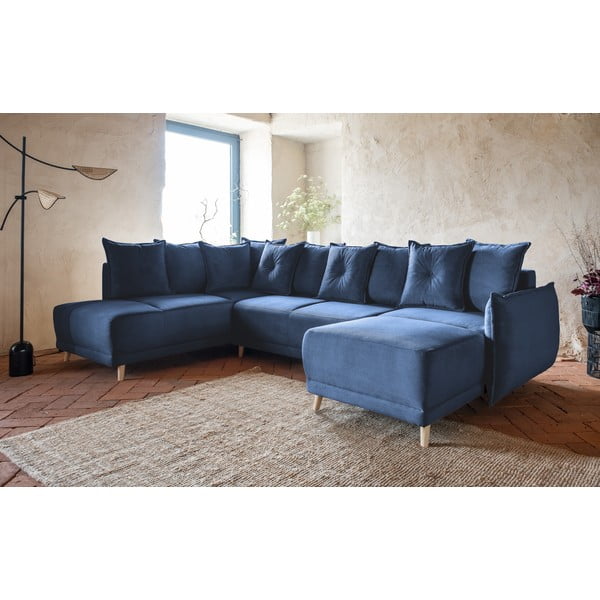 Тъмносин ъглов разтегателен диван от велур (ляв ъгъл/"U") Lazy Lukka - Miuform-image-3