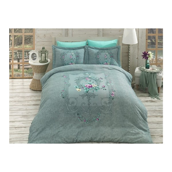 Спално бельо с памучен сатен чаршаф за двойно легло Lilyanna Green, 200 x 220 cm - Unknown