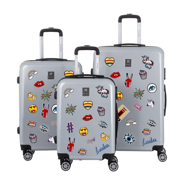 Комплект от 3 сиви куфара за пътуване със стикери Стикери - Berenice