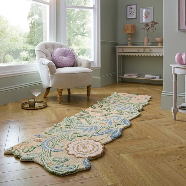 Зелена ръчно изработена вълнена пътека 60x230 cm Bryony Shaped Floral – Flair Rugs-image-1