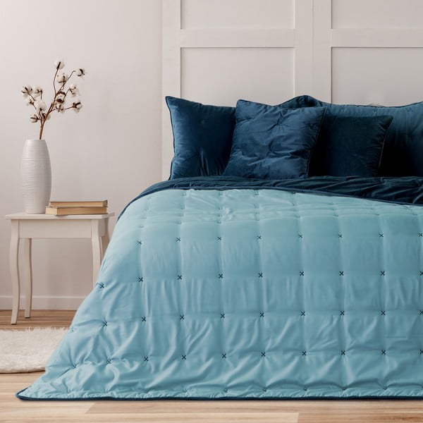 Синя кадифена покривка за единично легло Daisy, 210 x 170 cm - DecoKing-image-1