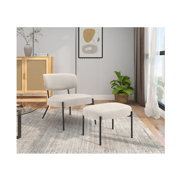 Кремав кадифен фотьойл с табуретка Jerry – Støraa-image-2