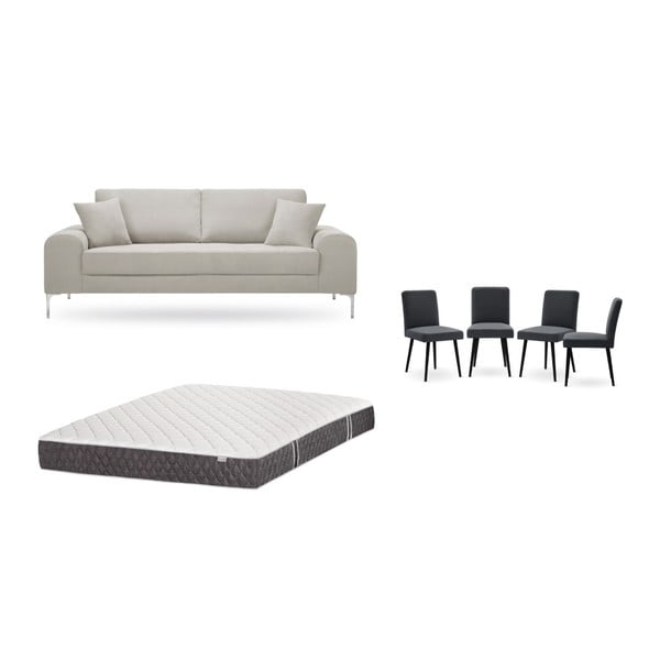 Комплект от триместен кремав диван, 4 антрацитно сиви стола и матрак 160 x 200 cm - Home Essentials