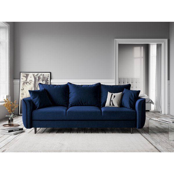 Син кадифен разтегателен диван Basso - Kooko Home-image-4