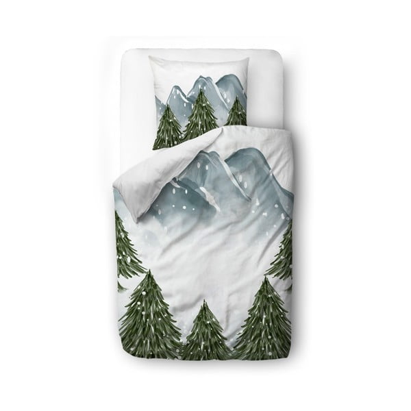 Бяло/зелено спално бельо за единично легло от памучен сатен 135x200 cm In the Woods - Butter Kings