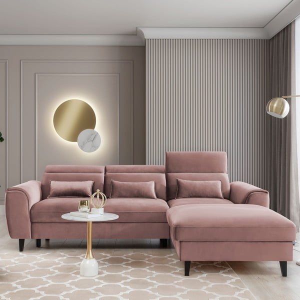 Розов кадифен разтегателен ъглов диван с място за съхранение (десен ъгъл) Foble – ELTAP-image-1
