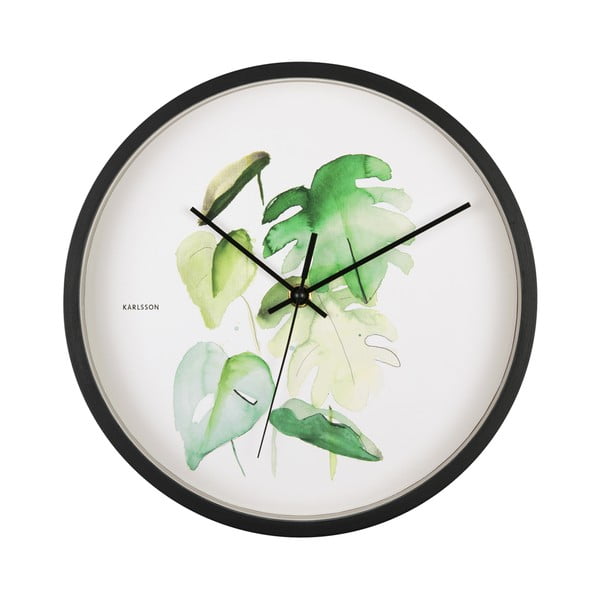 Зелен и бял стенен часовник в черна рамка Monstera, ø 26 cm - Karlsson
