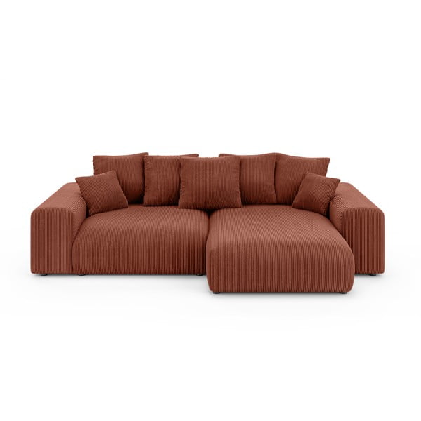 Разтегателен ъглов диван с място за съхранение от рипсено кадифе в тухлен цвят (променлив) Luma – Ropez