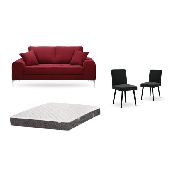 Комплект от червен двуместен диван, 2 черни стола и матрак 140 x 200 cm - Home Essentials