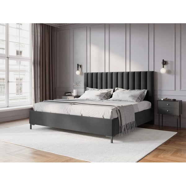 Тъмносиво тапицирано двойно легло с място за съхранение с включена подматрачна рамка 160x200 cm Casey – Mazzini Beds-image-1
