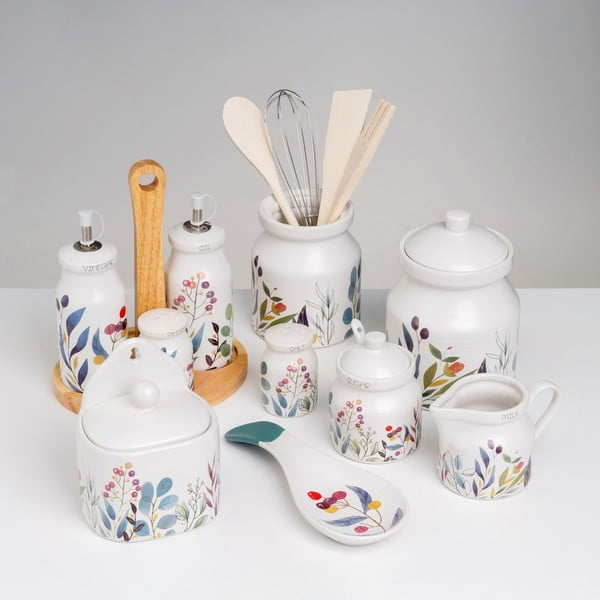 Комплект дървени кухненски прибори 4 части с поставка Berries - Casa Selección-image-1