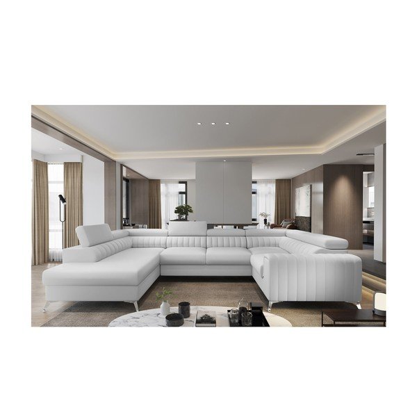 Бял разтегателен ъглов диван с място за съхранение от изкуствена кожа (ляв ъгъл U форма) Louis – ELTAP-image-1
