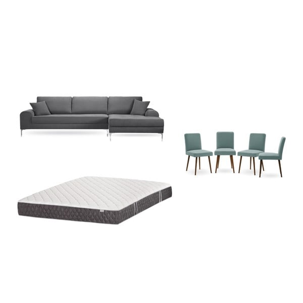 Комплект от сив диван с мързелив диван отдясно, 4 сиво-зелени стола и матрак 160 x 200 cm - Home Essentials