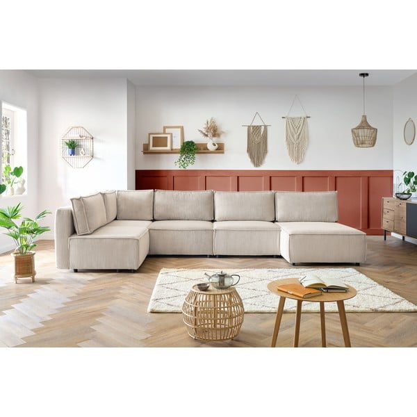 Кремав променлив велурен U-образен ъглов диван Nihad modular - Bobochic Paris-image-1