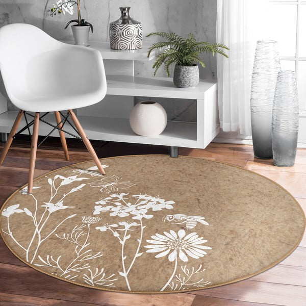 Светлокафяв кръгъл килим подходящ за пране и за прахосмукачки роботи ø 80 cm Comfort – Mila Home-image-3