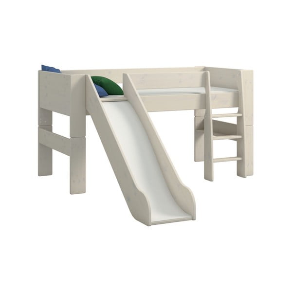 Двуетажно легло от борова дървесина с пързалка, лакирано в бяло мляко За деца, височина 113 см - Steens