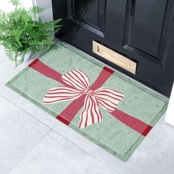 Изтривалка с коледен мотив от рециклирана пластмаса 40x70 cm Red & White Stripe Bow – Artsy Doormats-image-1