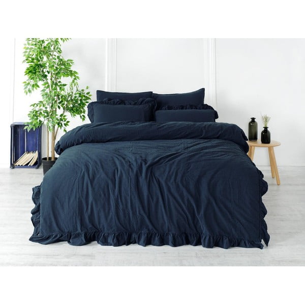 Тъмносиньо единично  спално бельо от памук Renforcé 140x200 cm Ruffle Striped – Mila Home Luxury-image-1