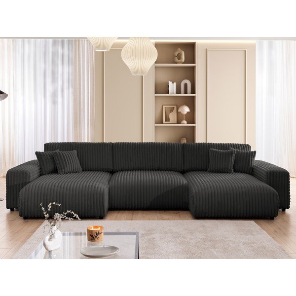 Тъмносив  разтегателен ъглов диван с място за съхранение от рипсено кадифе (U форма) Sarina – Ropez-image-1