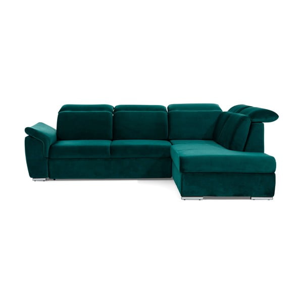 Зелен кадифен разтегателен ъглов диван с място за съхранение (десен ъгъл L форма) Loreto – ELTAP