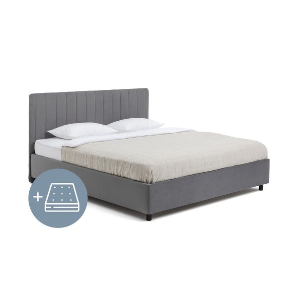 Сиво тапицирано двойно легло с място за съхранение и матрак с решетка 180x200 cm Myra Slim Line - Bonami Selection