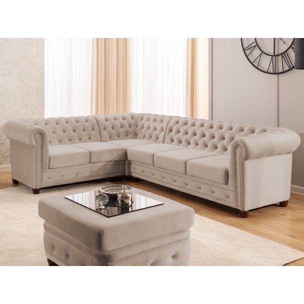 Бежов кадифен сгъваем ъглов диван (ляв ъгъл/L форма) York Blik – Ropez-image-1