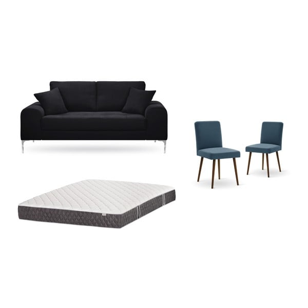 Комплект от двуместен черен диван, 2 сини стола и матрак 140 x 200 cm - Home Essentials