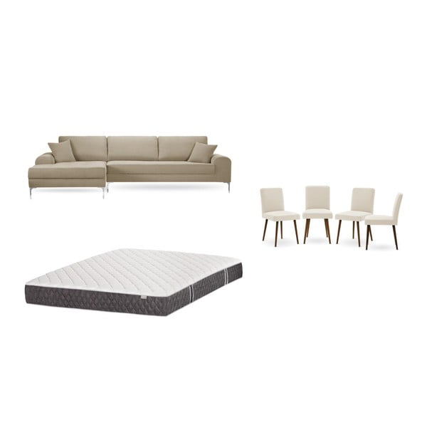 Комплект от сив и бежов диван с ляво кресло, 4 кремави стола и матрак 160 x 200 cm - Home Essentials